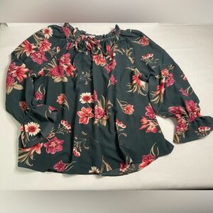 Moa Moa Woman Floral Ruffle Neck Blouse Teal Pink Long Sleeve Plus Size‎ 2X